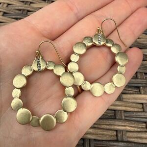 Kenneth Cole Gold Tone Hoop Earrings Textured Disc Rhinestone Fishhook Dangle